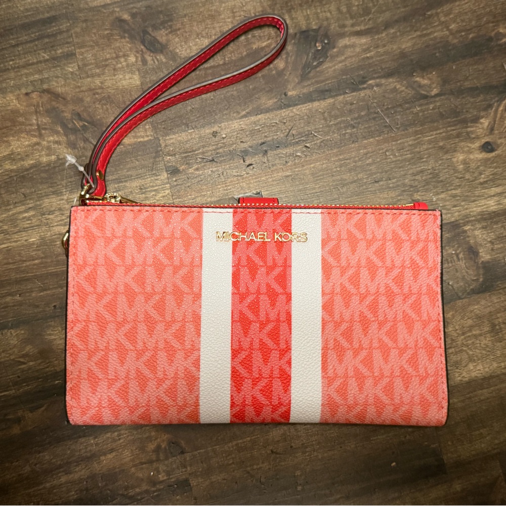 NTW Coral (grapefruit) Michael Kors Large Jet Set Double Zip Wristlet